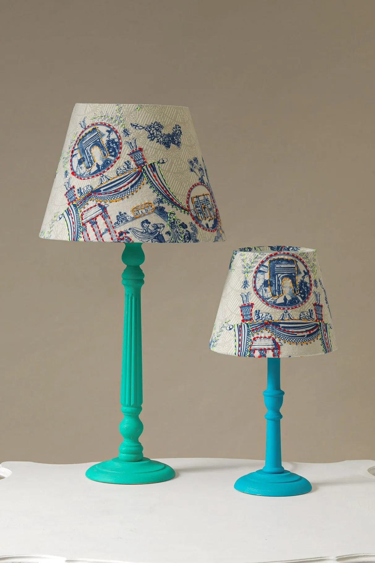 ancient_columns_blue__tapered_lampshade_0-2.webp New One Hundred Stars Ancient Columns Blue 12" Tapered Lampshade
