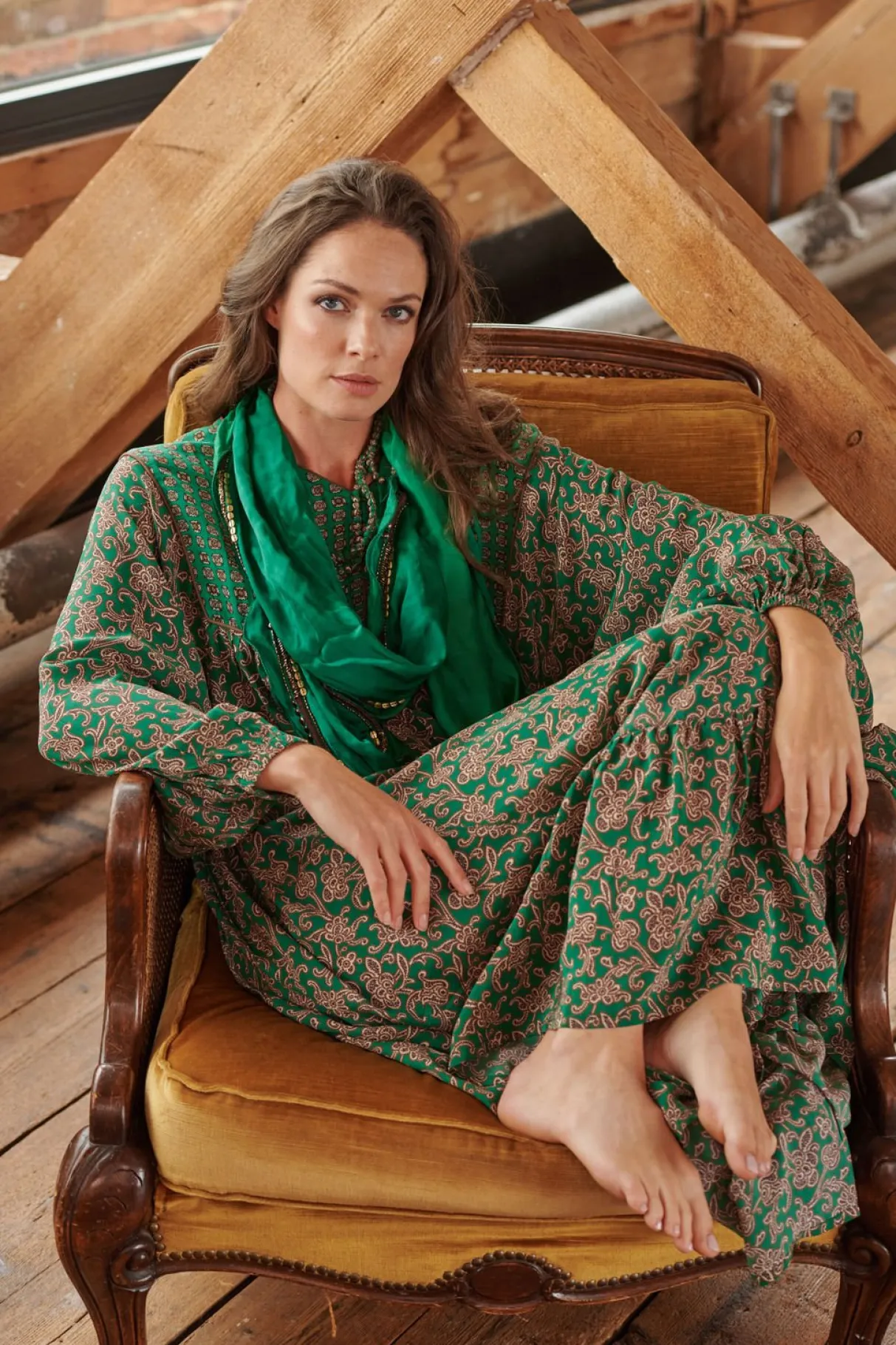 floral_paisley_green_boho_dress_1.webp Outlet One Hundred Stars Floral Paisley Green Boho Dress