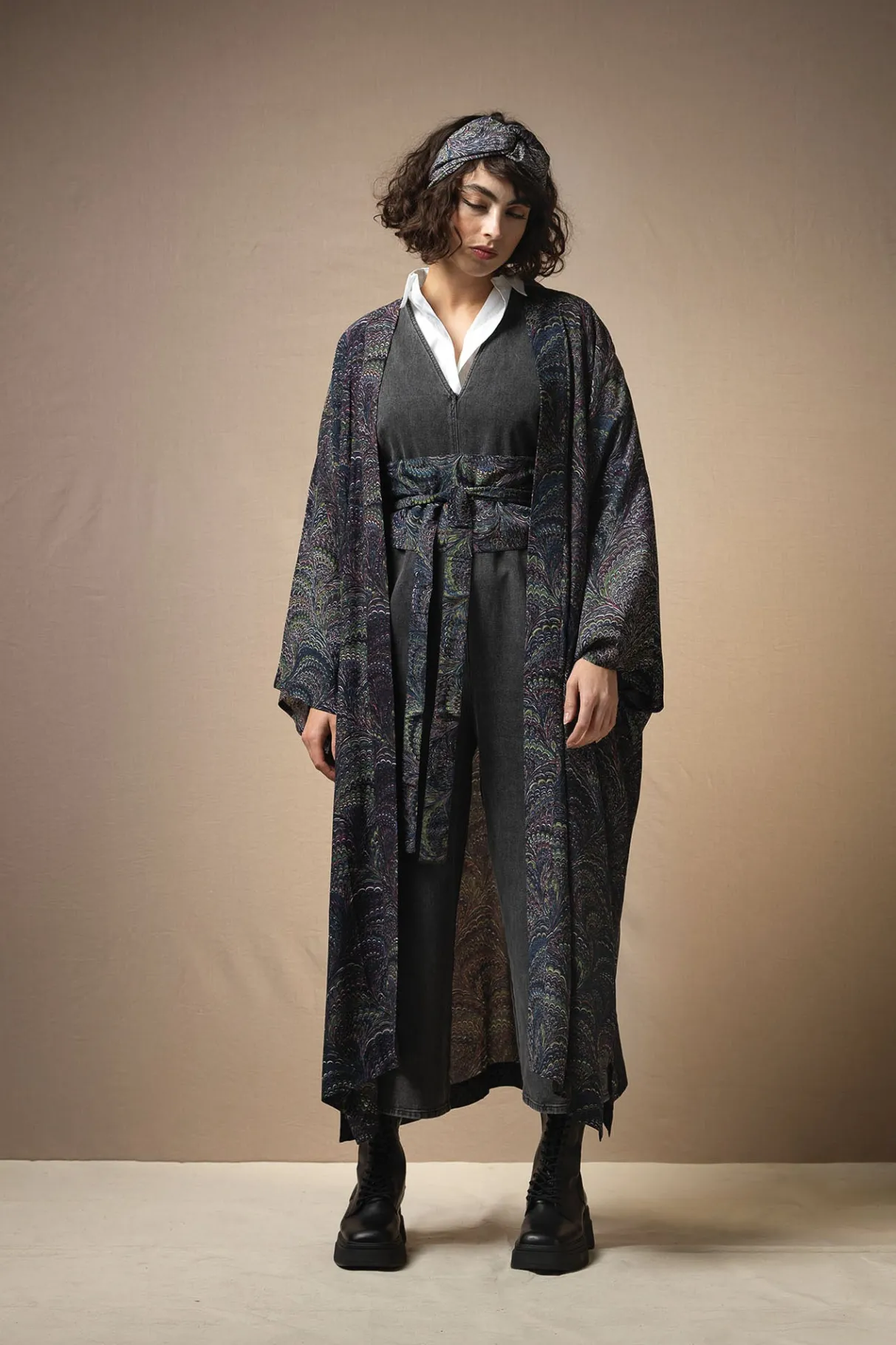 marbled_indigo_crepe_long_kimono_1.webp Discount One Hundred Stars Marbled Indigo Crepe Long Kimono