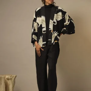 Best Sale One Hundred Stars Stork Black Crepe Kimono
