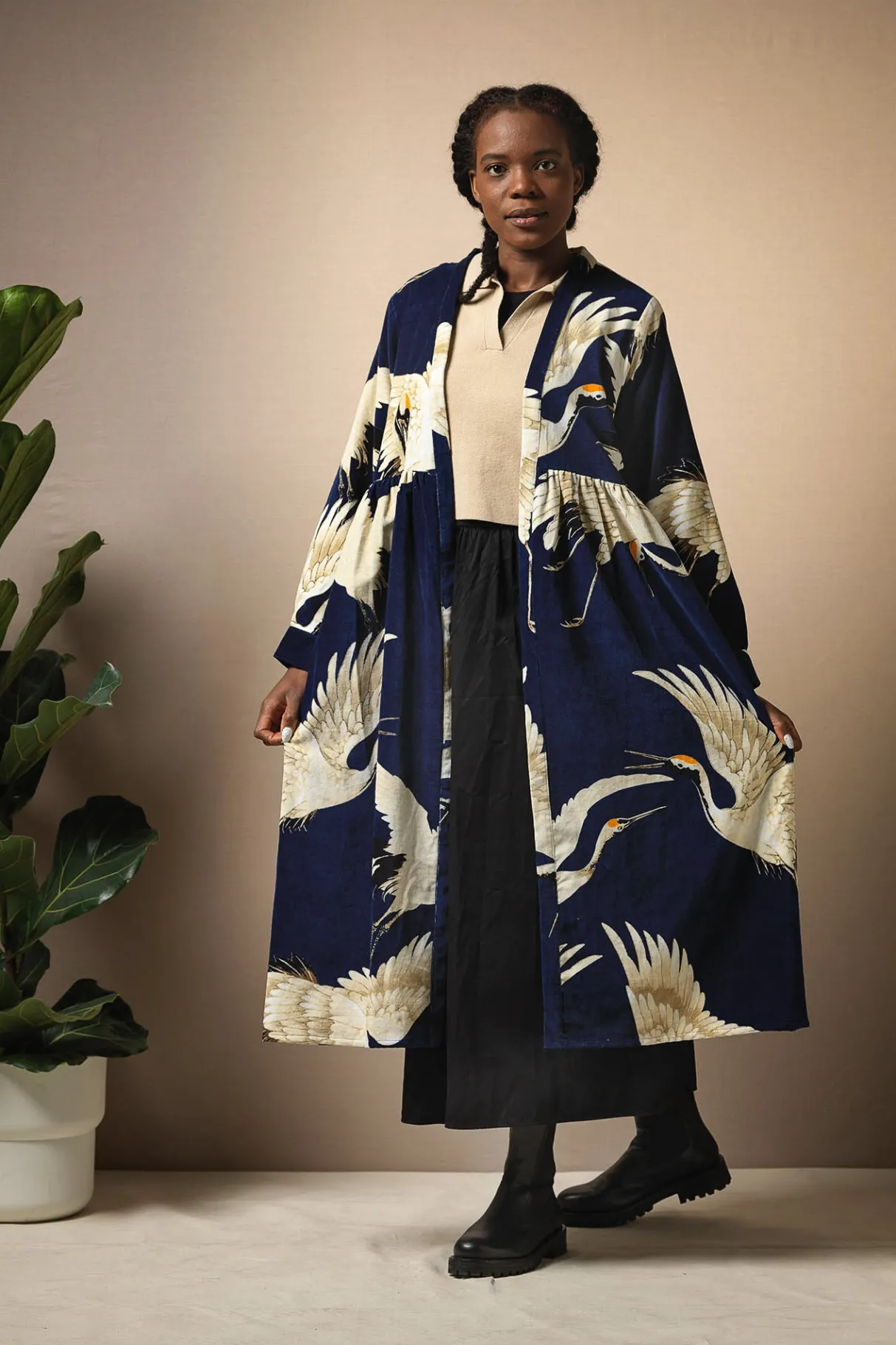 stork_navy_velvet_duster_coat_0.webp Store One Hundred Stars Stork Navy Velvet Duster Coat