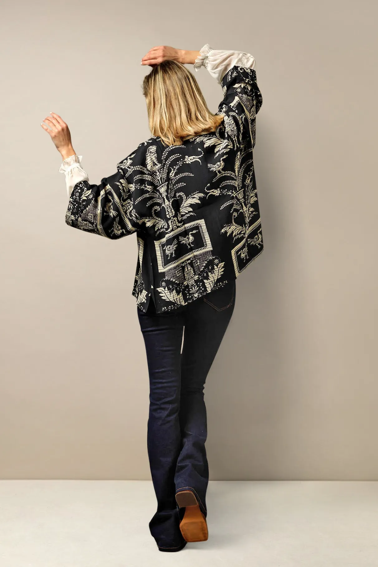 vintage_damask_black_crepe_kimono_1.webp Best Sale One Hundred Stars Vintage Damask Black Crepe Kimono