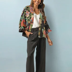 Best Sale One Hundred Stars Woven Flower Black Crepe Kimono