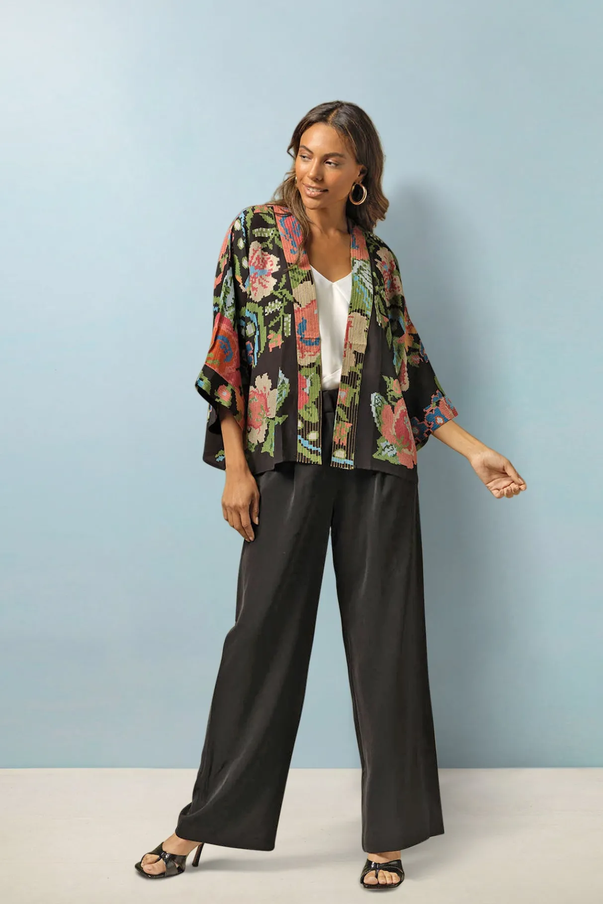 woven_flower_black_crepe_kimono_1.webp Best Sale One Hundred Stars Woven Flower Black Crepe Kimono