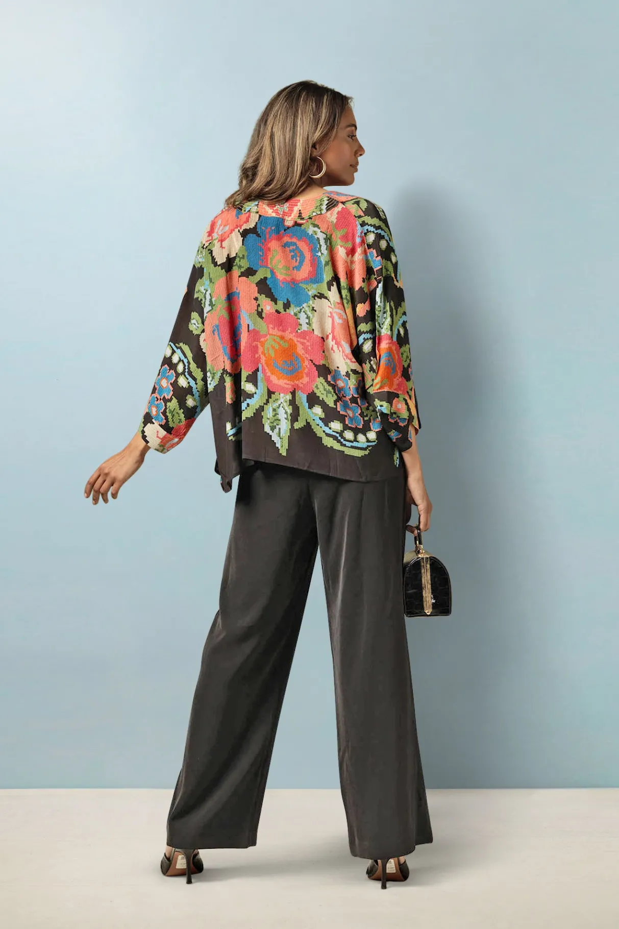 woven_flower_black_crepe_kimono_2.webp Best Sale One Hundred Stars Woven Flower Black Crepe Kimono