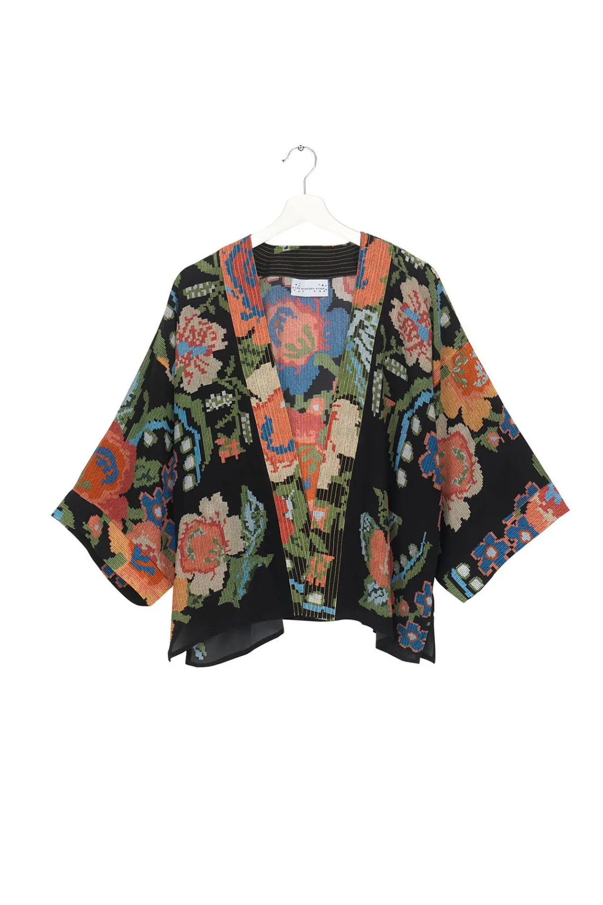woven_flower_black_crepe_kimono_3.webp Best Sale One Hundred Stars Woven Flower Black Crepe Kimono